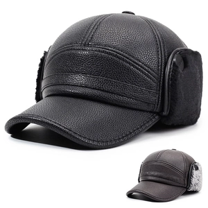 Men Winter PU Leather Baseball Cap With Earflaps Faux Fur Lined Warm Windproof Outdoor Cycling Pilot Hat For Dad
