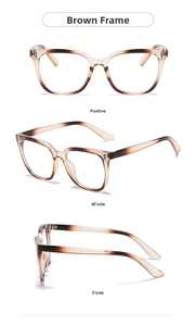 Three perspectives of brown gradient square eyeglass frames showing front and side views