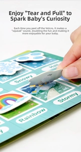 Macro shot of a child hand sticking weather themed velcro stickers in a busy book