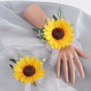 Artificial Sunflower Wedding Boutonniere And Wrist Corsage Satin Flower Jute Rope Faux Artificial Pearl Rustic Party Decoration