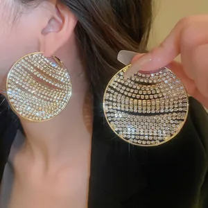 Luxury oversized geometric gold earrings with multi-row rhinestones and silver pins