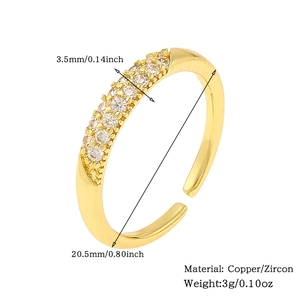 Detail view of 18K gold plated copper ring with zircon inlay and product measurements