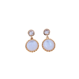 Vintage gold-tone round zircon earrings with iridescent shell inlay and bead edging