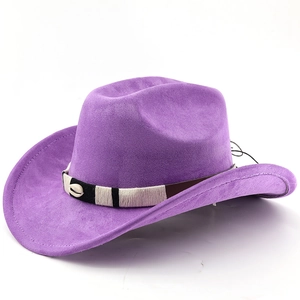 Detail of purple faux suede cowboy hat featuring woven band and natural seashell accent