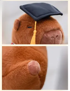Close-up of the plush capybara graduation cap and detailed soft fabric texture