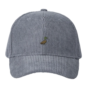 Dark gray corduroy baseball cap featuring a mallard duck embroidery in vintage style