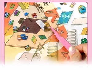 Detailed view of thick white ink printing on miniature furniture stickers for DIY journals