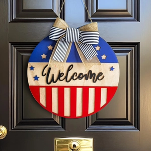 Independence Day Welcome Sign Wood Door Hanger Patriotic Wreath With Bow Stars And Stripes Rustic Home Decor July Fourth