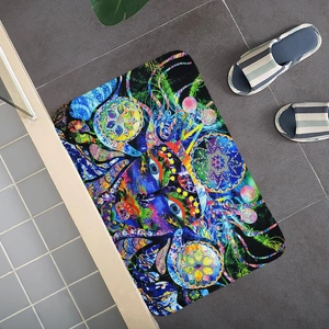 Detailed top view of psychedelic art mat with mandala patterns and non-slip rounded edges