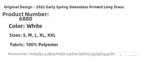 Size chart and fabric details for the floral sleeveless lapel dress with custom belt