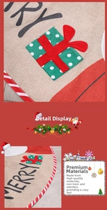 Détail de la jupe de sapin en toile de jute avec broderie Merry et bordure rayée rouge
