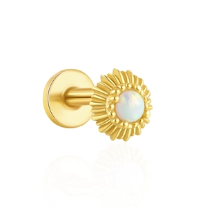Macro detail of gold S925 silver ear stud featuring white opal sunflower with flat back