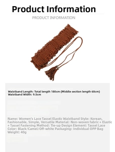 Lace tassel cinch belt size details: 180cm total length, 9.5cm width, elastic non-woven fabric
