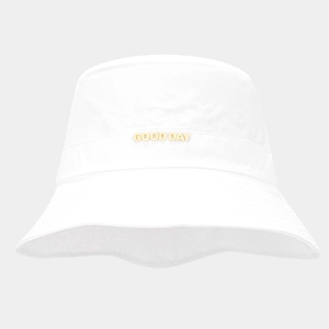 Close-up of GOOD DAY lettering and stitching on a white waterproof bucket hat