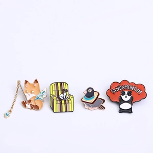 Set of four creative enamel animal pins featuring fox, dog, pigeon, and panda designs