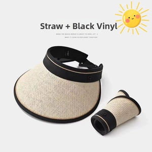 Detail of foldable straw sun hat with black vinyl lining and decorative metal G logo