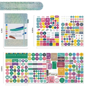 Detailed view of the weekly planner set including one notebook and six sticker sheets