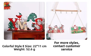 Detail view of wood Christmas signs including Merry Christmas and Happy Holiday hangings