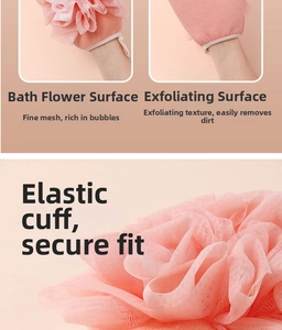 Close-up of double-sided shower glove with loofah mesh and exfoliating texture