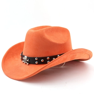 Detail of orange suede cowboy hat with studded leather band and silver skull ornament