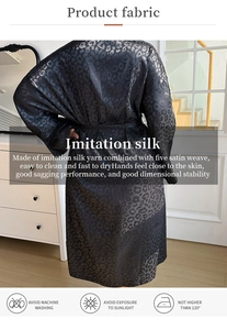 Detail of leopard print satin robe fabric texture and elegant back view with belt tie