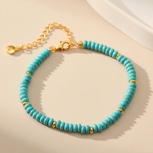 Bohemian Turquoise Beaded Bracelet Copper 18K Gold Plated Adjustable Extension Chain Handmade Exotic Vintage Jewelry