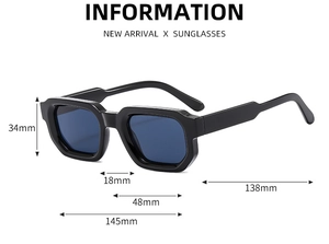Detailed technical diagram showing dimensions of retro thick square frame sunglasses