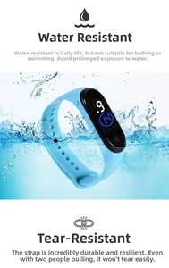 Macro shot of light blue paper-like strap and LED screen with water splash detail
