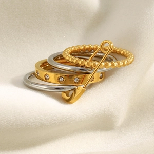 18K gold plated stainless steel four-layer ring set with zircon pin and beads