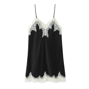 Women Satin Chemise Nightgown With Contrast White Lace Trim V Neck Adjustable Spaghetti Strap Sexy Sleepwear Nightie Black