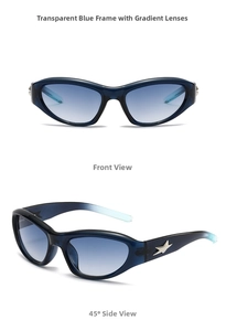 Detailed views of translucent blue frame sunglasses with star detail and gradient lenses