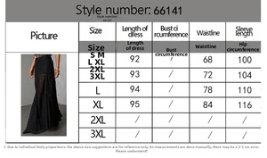 Size chart for black lace sheer skirt showing length, waist, and hip measurements