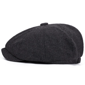 Classic dark grey herringbone newsboy cap with vintage British baker boy hat design