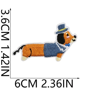 Cute embroidered dachshund patch wearing a blue hat and shirt for DIY bags and clothing
