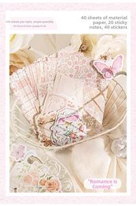 Detail of 100pcs retro floral scrapbooking kit with stickers and papers in a wire basket