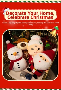 Plush Christmas dolls set featuring Santa, Reindeer and Snowman on a golden chair