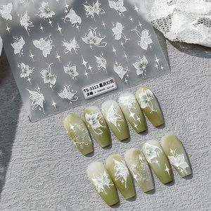Autocollants Pour Ongles Gaufrés 5D 3D Auto-Adhésifs Papillon Fleur Étoile Décalcomanies Manucure DIY Blanc Élégant Décoration