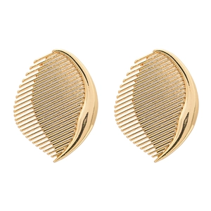 Golden leaf shape earrings with horizontal textured stripes and high metallic luster