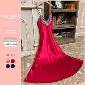 Nuisette En Satin Pour Femmes Col En V Dentelle Bretelles Spaghetti Longue Chemise De Nuit Soyeuse Vêtements De Nuit