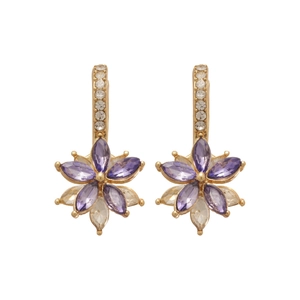 Elegant gold flower earrings with purple and clear zircon stones in a sleek hoop design