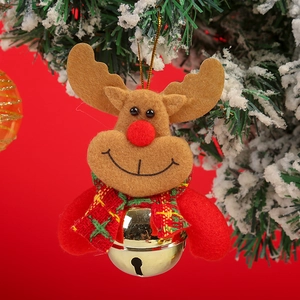 Close-up of a brown felt reindeer with golden metal bell and red plaid scarf ornament