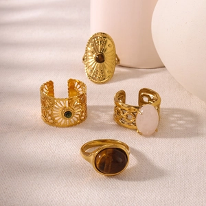 Vintage 18k gold plated stainless steel rings featuring natural tiger eye and rose quartz