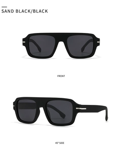 Front and 45-degree side view of sand black square polarized sunglasses with silver accents