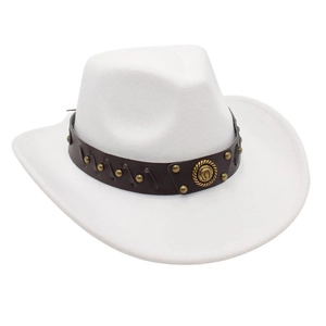 Detailed macro view of white wool felt cowboy hat featuring a studded brown leather band