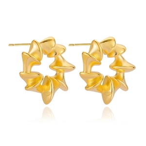 Elegant gold spiral twisted C-shape hoop earrings with smooth metallic finish on white