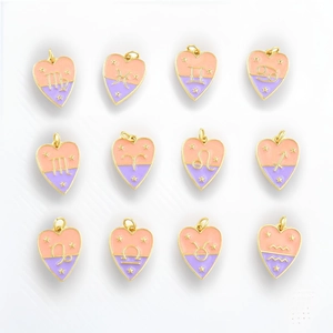 Colgantes de Corazón de 12 Constelaciones del Zodiaco Chapado en Oro 18K Esmalte Rosa Púrpura Dijes para DIY Collar Pulsera Llavero Accesorios de Joyería