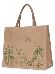 Eco-friendly natural jute tote bag with summer beach flamingo print and rope handles