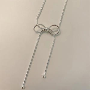 Minimalist 925 sterling silver bow snake chain necklace with sleek metal bead pendants