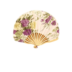 Japanese brown folding fan with purple flowers and matching decorative silk tassel
