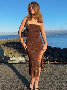 Robe longue bustier à imprimé fleuri avec fente pour les vacances à la mer